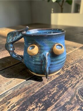 Vintage signed Handmade Blue Ceramic fish Mug with tail handle